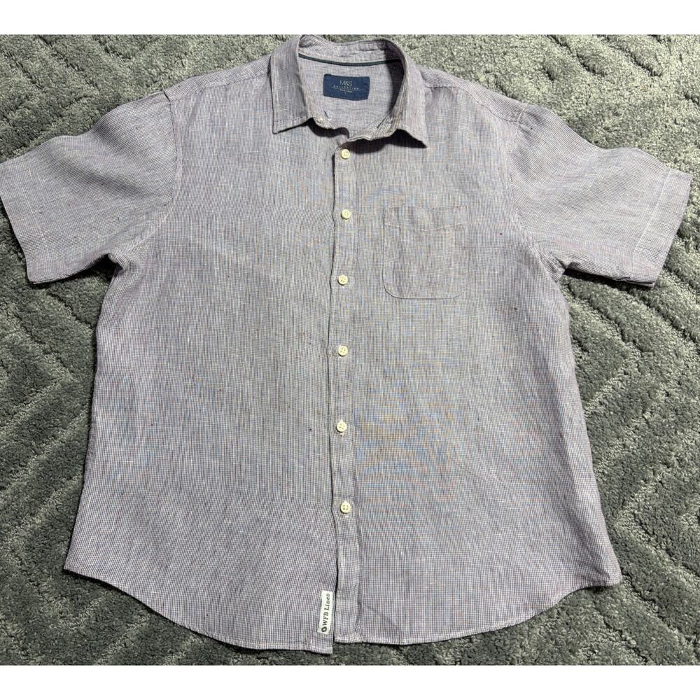 M&S Collection Pure Linen Mens L Shirt Purple Button Collared Preppy Casual